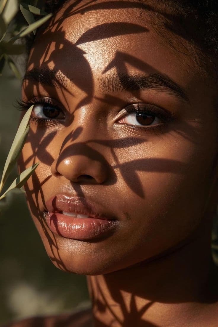 Black woman with botanical shadows across her skin